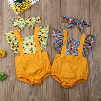 

0-24M Newborn Girls Clothes Flare Sleeve Sunflower Bodysuit+Headband 2Pcs Sets Infant Baby Summer One Piece Outfits