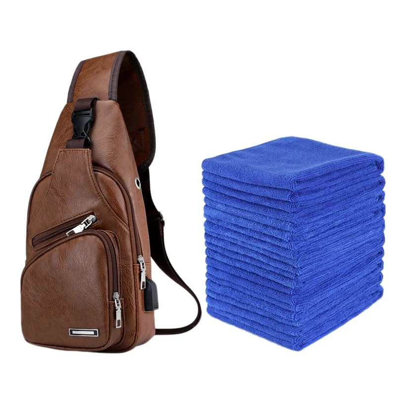 

FGGS-1Pcs Mini USB Interface PU Leather Chest Bag Crossbody Bag Single Shoulder Bag Light Brown & 20Pcs Absorbent Microfiber Tow