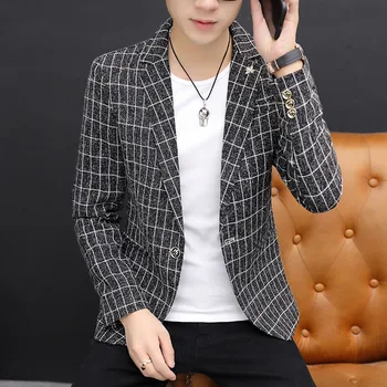 

Men Small Suit Coat Autumn Slim Fit Grid Single Suit Casual Clothes Youth England Trend Suit