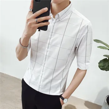 

Plaid Dress Shirt Men Slim Fit Half Sleeve White Shirt Business Casual Social 2020 Summer Clothes