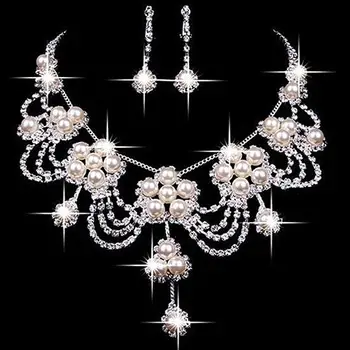 

3 Pcs Women's Luxury Rhinestone Faux Pearl Necklace Earring Valentine's Day Present Christmas Gift Wedding Bridal Jewelry Set