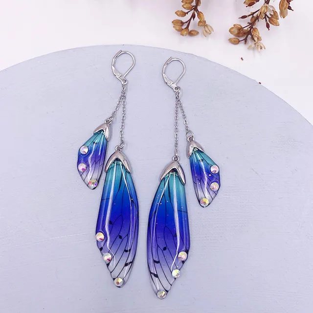 Fairy Resin Butterfly Earrings for Women Shining Crystal Flake Double Wing Long Drop Earrings Ladies Wedding Party Jewelry 2020 Silver-Blue