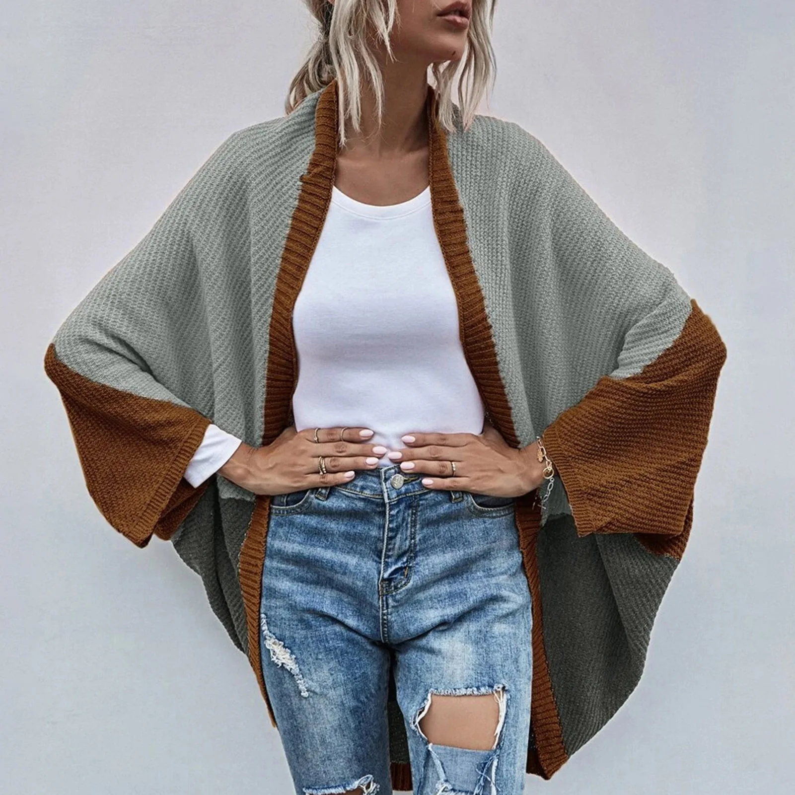 Women Knit Shawl Batwing Sleeve Color Block Splicing Open Front Knitted Kimono Cardigans Ladies Autumn Cardigan Sweater Outwear turtleneck