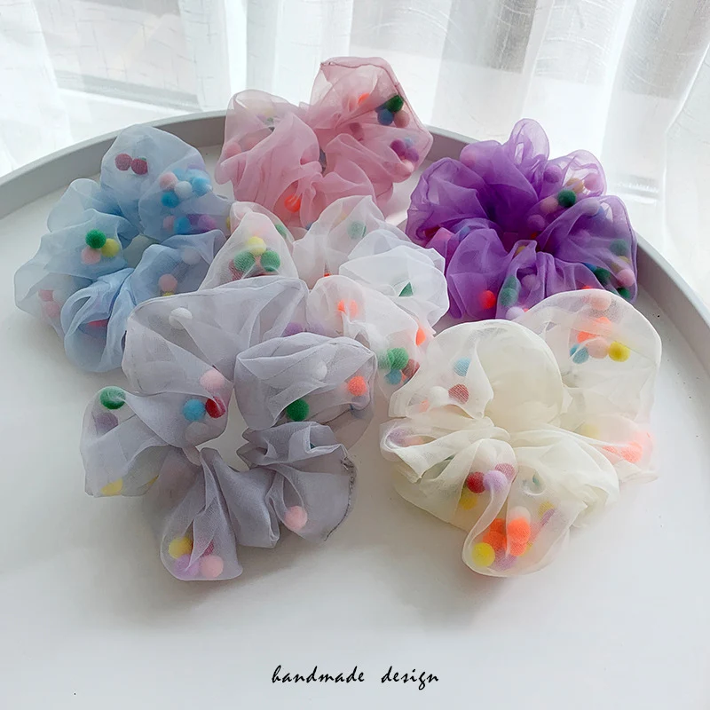 

Hot Net yarn Girls Ponytail Rubber Bands Hair Rope Large intestine Colored balls Hair Scrunchies Hair Accessories