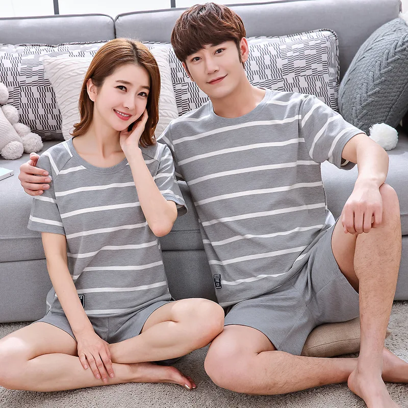 

2020 Couples Pajamas Summer Short-sleeved Pure Cotton Thin Large Size Loose-Fit Men Women's Two-Piece Set Tracksuit Summer