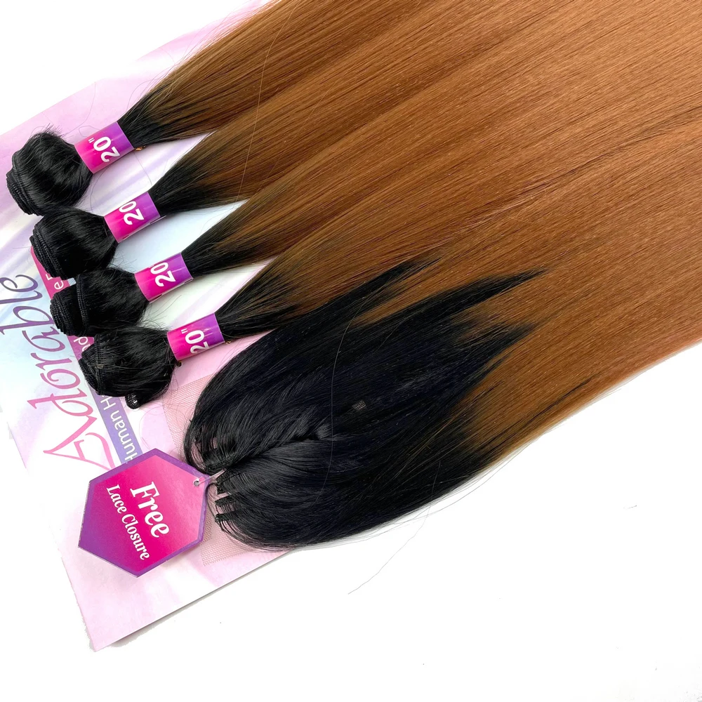 Deep Brown Color Yaki Straight Synthetic Bundles With LaceClosure High Temperature Fiber For Black Woman T1b30 Amazing Yaki 4pcs
