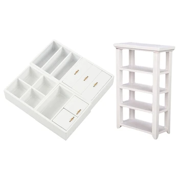 

2 Set 1/12 Dollhouse Miniature Furniture White Wooden, 1 Set Regal Weiss Study & 1 Set Living Room Shelf Combination Cupboard