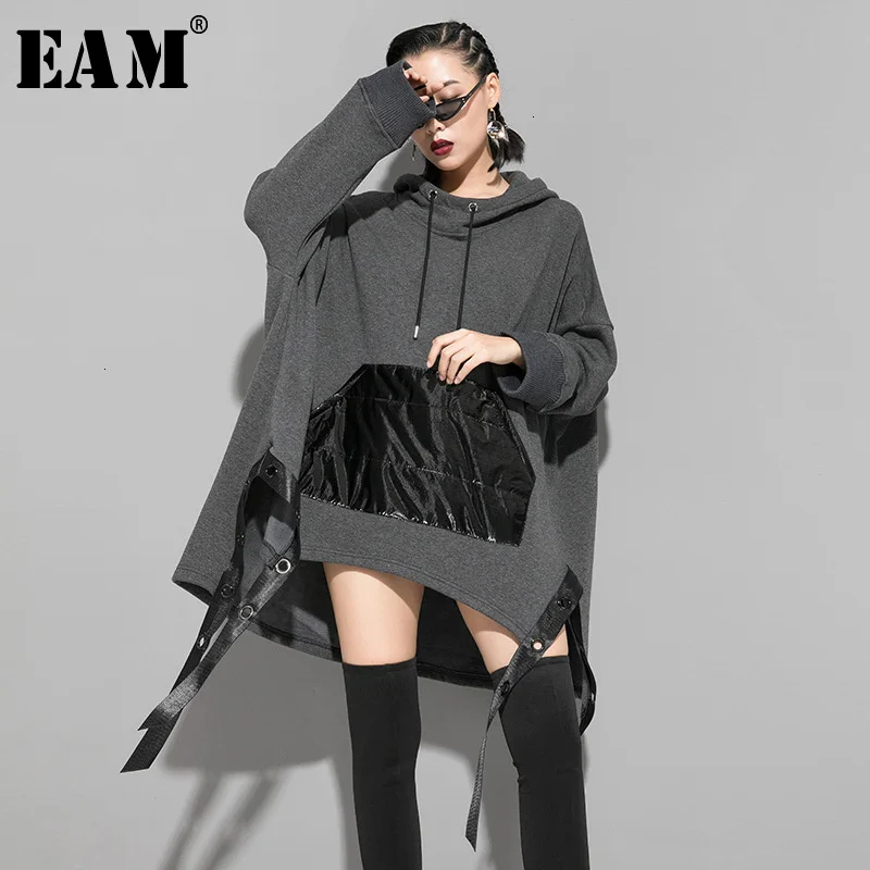 

[EAM] Loose Fit Asymmetrical Ribbon Oversized Sweatshirt New Hooded Long Sleeve Women Big Size Fashion Spring Autumn 2020 1K161