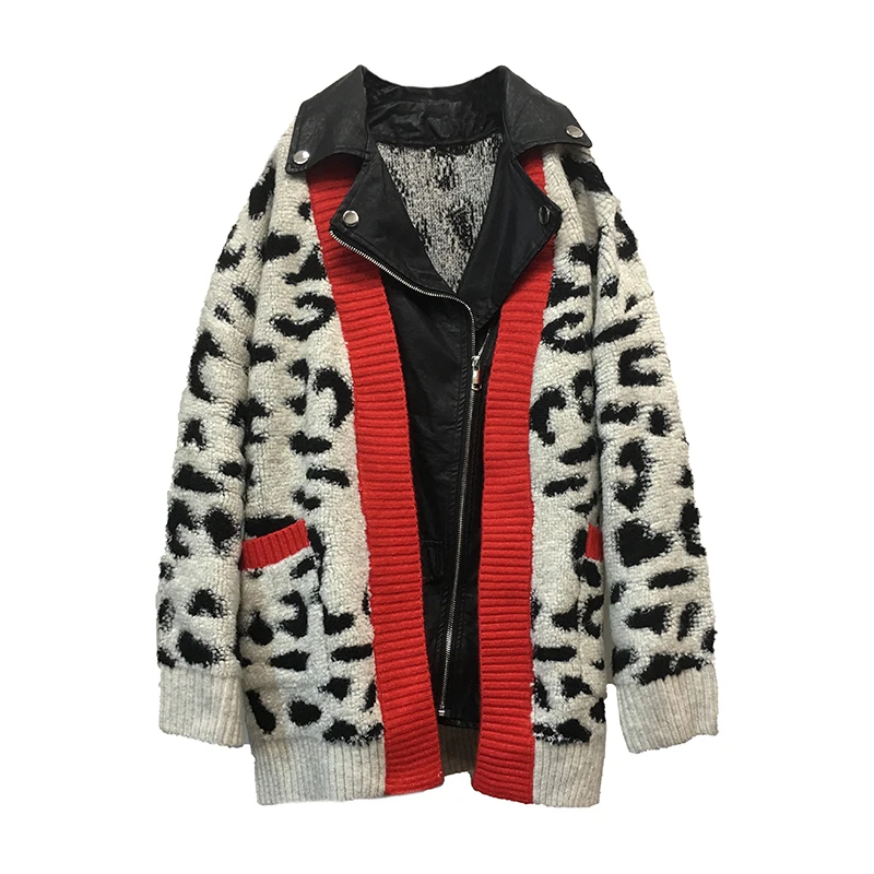 Осенне-зимняя новая сумка из ПУ и кожи, Леопардовый женский свитер с отворотом, свободная повседневная куртка, женский свободный карман на молнии, пальто