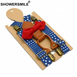 Bow Tie Suspenders Set Boy Elastic Designer Suspenders 4 Clips Children Y Back Stars Pattern Blue Party Kid Pants Strap