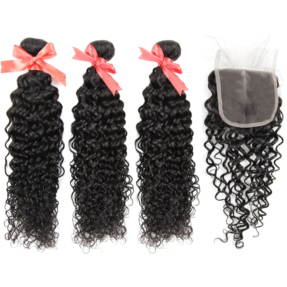 

Water Wave Bundles With 4*4 Lace Closure Brazilian Hair Weave Bundles Remy Human Hair 3 Bundles Natural Black 8-28 inch