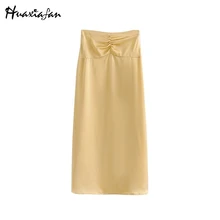 Huaxiafan юбка Женская Повседневная прямая юбка с высокой талией Женская модная Однотонная юбка женские элегантные складные юбки средней длины женские