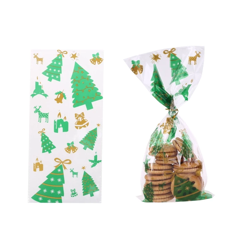 

50Pcs Cellophane Bags Santa Claus Christmas Trees Elk Party Treat Bags Gift Bags Wraps For Cookie Candy With 50Pcs Twist Ties