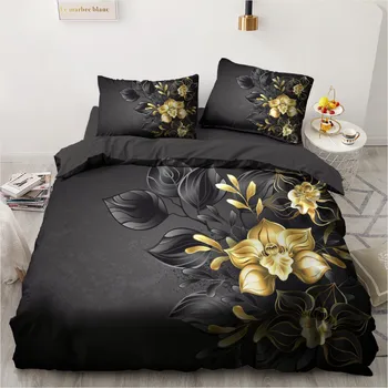 

3D Digital Printing Custom Bedding Set,Single Double Queen,Blanket/Quilt/Duvet Cover Set Black golden flower Bedclothes