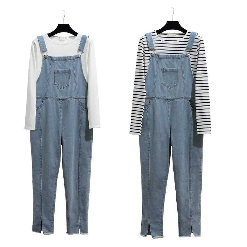 3259# Light Blue Washed Denim Maternity Jumpsuit Large Size Loose Autumn Fashion Overalls for Pregnant Women Pregnancy Bib Pants