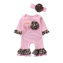 Комбинезон для новорожденных мальчиков и девочек; комбинезон с длинными рукавами с леопардовым принтом и цветочным принтом; повязка на голову; зимняя теплая одежда; милый комплект; Детский костюм