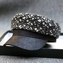 Японская двухслойная вязанная темно-синяя шапка, Женская Осенняя теплая фетровая восьмиугольная шапка, уличная зимняя Толстая Женская плоская кепка