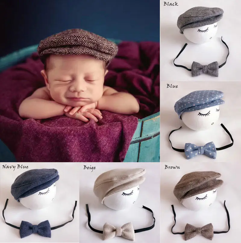 Baby Boy Vintage Peaked Cap + Bow Tie 0-1M Newborn Infant Toddler Gentleman Casual Beanie Cap Hat