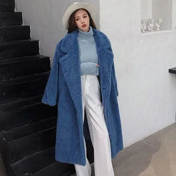 

Solid Faux Fur Women Long Coat Tops Thicken Turn Down Collar Long Sleeve Female Coats 2020 Spring Winer Casual Fashion Lady Top