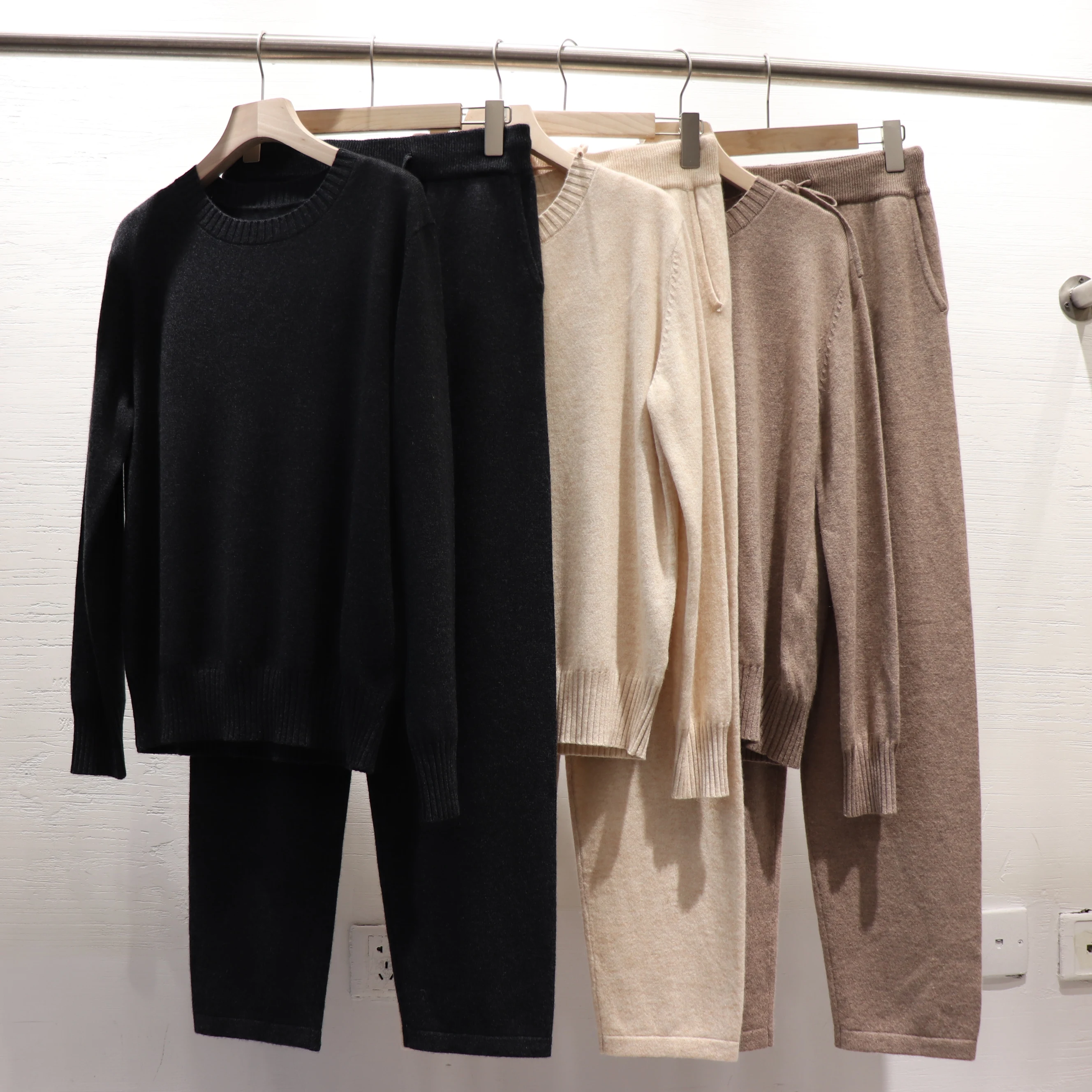 Fashion High Quality Women's Luxury Two Pieces 100%Cashmere Wool Suits Female Warm Cashmere Knit Tops +  Wool Pant Sets WY564 4
