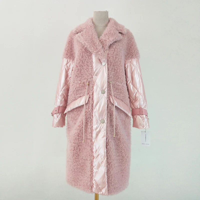 Roze Jas Vrouwen Winter 2020 Nieuwe Collectie X-Lange Donsjack Patchwork Parka Echte Schapen Bont Turn-Down kraag Kleding Dikke Warme Roze Jas Vrouwen Winter 2020 Nieuwe Collectie X-Lange Donsjack Patchwork Parka Echte Schapen Bont Turn-Down kraag Kleding Dikke Warme