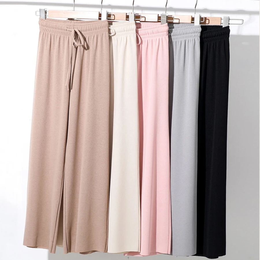 

Straight Wide Leg Pants Women Korean Version Ice Silk Lace Loose Pants Female Fashion Elastic Waist Slim High Waist Pants Woman