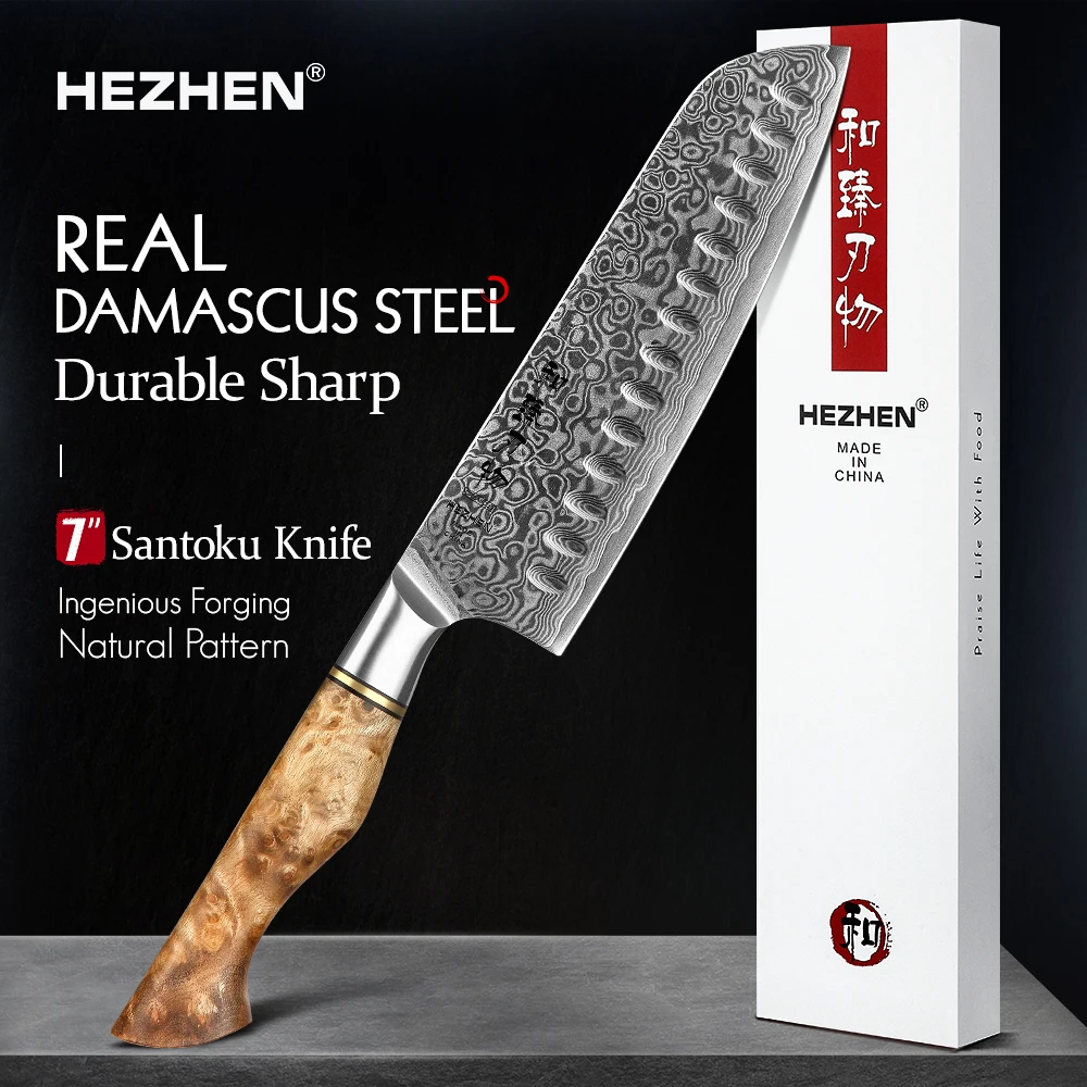 HEZHEN 7 дюймов нож Santoku настоящий 67 слой дамасский супер стальной для резки мяса