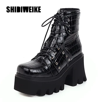 

2020 Sexy Platform High Heels Shoes Women Mid-Calf Boots Platform Punk Shoes woman Patent Leather Booties with Zip V160