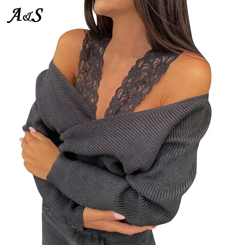

Anbenser Sexy Off Shoulder Sweater Women Lace Spaghetti Strap Sweaters Fashion V Neck Long Casual Solid Knitting Pullover Female
