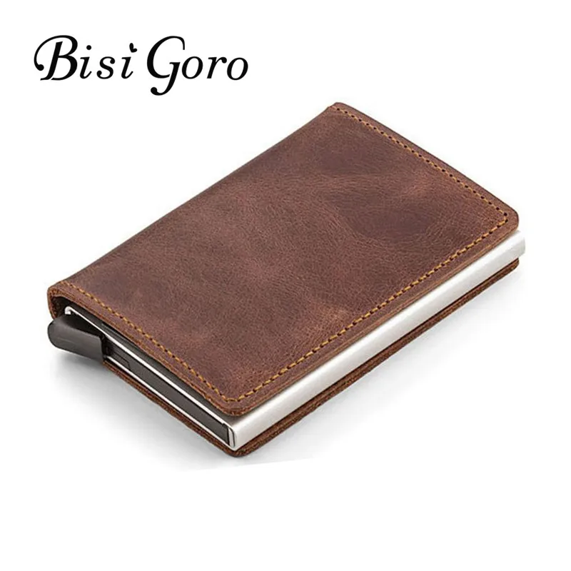 Online BISI GORO 2019 Unisex tarjetero de cuero genuino Vintage monedero Crazy Horse cuero Rfid aluminio crédito tarjetero