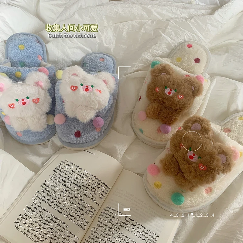 Симпатичные плюшевые тапочки с мультяшным рисунком женские зимние теплые