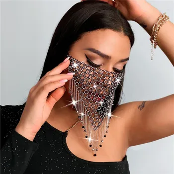 

2020 Mysterious Girl Rhinestone Facemask Cover Jewelry Women Tassel Luxury Design Shiny Face Mask Mouth Yashmak Jewellery Net