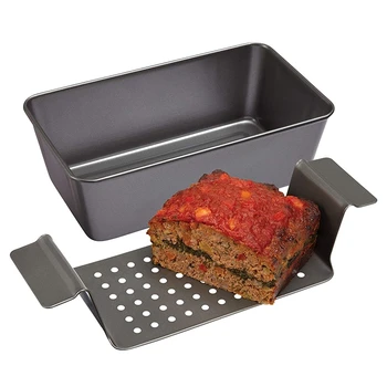 

New 12 Inch Chicago Metallic Professional Healthy Meatloaf Pan Non-Stick Barbecue Tray Rectangular Loaf Pan with Insert Rack