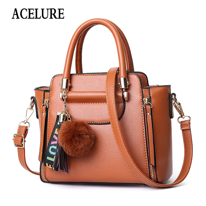 

ACELURE Soft PU Leather Zipper Bags Ladies All-match Handbags Tassel Fur Ball Hanging Women Shoulder Crossbody Bags Solid Color