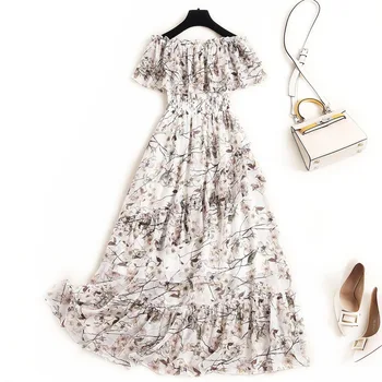 

Plus size women sexy dress summer 2020 off the shoulder ruffles cherry floral print sexy chiffon long dresses beige