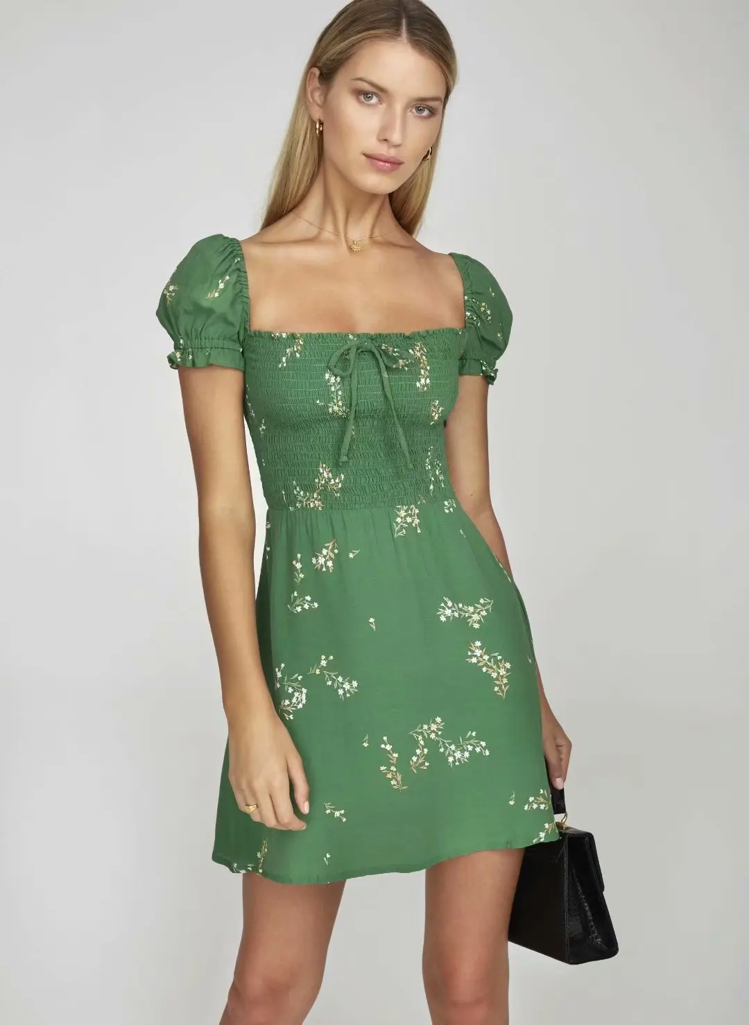 

2019 Summer French Square Collar Puff Sleeve Dress Green Shivering Printed Pleated Elasticity Wrap-around Mini Skirt Women's
