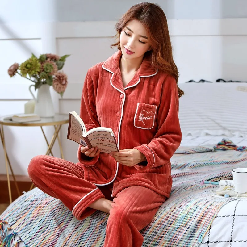 

Pajamas Women's Winter Coral Velvet Thick Warm Korean-style WOMEN'S Cardigan Pocket Lettered Flannel Homewear Set