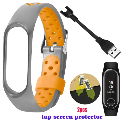 gray orange YHNUJM 2 шт Защитная пленка для экрана+ usb-кабель для зарядки+ mi Band 3 Смарт-ремешок на запястье для Xiaomi mi Band 3 двойной разноцветный браслет - Цвет: gray orange