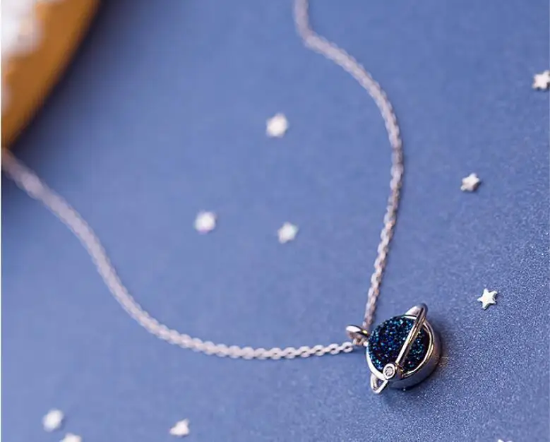 925 стерлингового серебра Синий талисман-Планета кулон ожерелье женщин колье Свадебная вечеринка ювелирные изделия подарок себе воротник DZ805