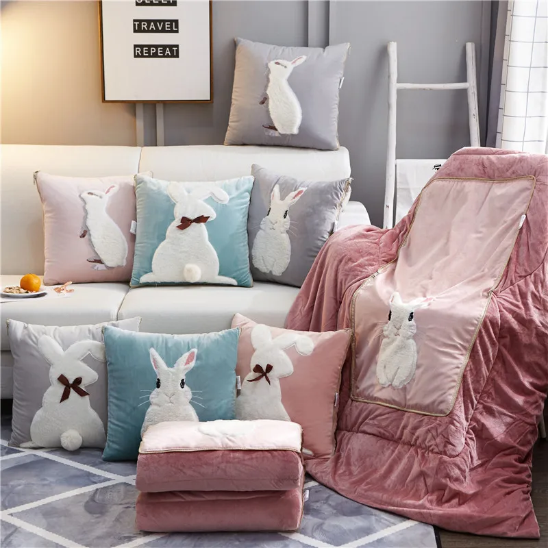 

Foldable Cartoon Rabbit Thick Crystal Velvet Pillow Quilt 2 In 1 Office Warm Flannel Napping Pillow Blanket Cushion for Sofa G