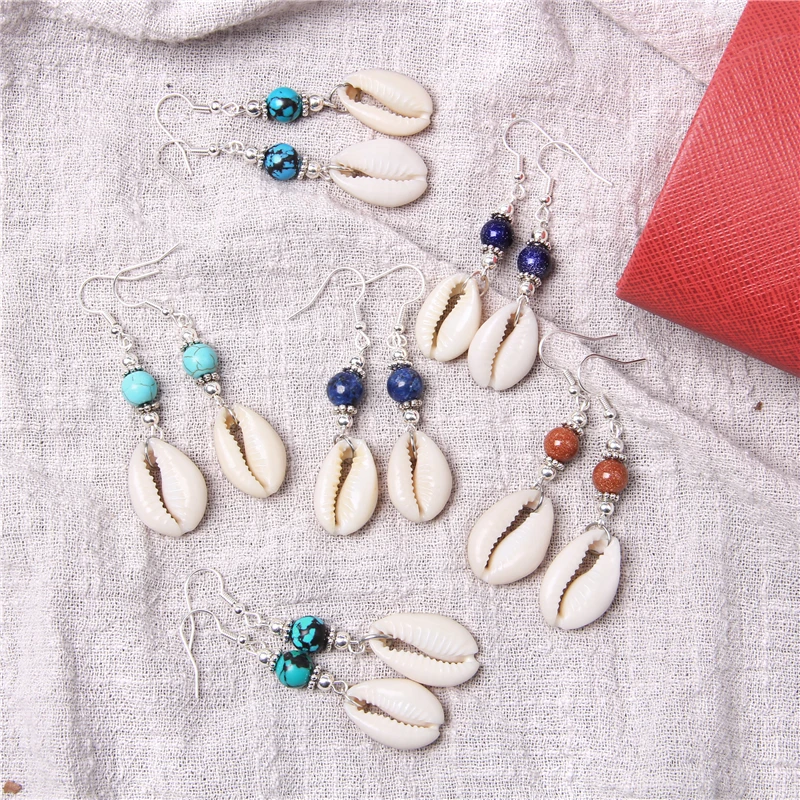 Shell Cowrie Natural Stone Beads Drop Earrings Fashion Seashell Statement Eardrop Danglers Women Summer Jewelry Gifts