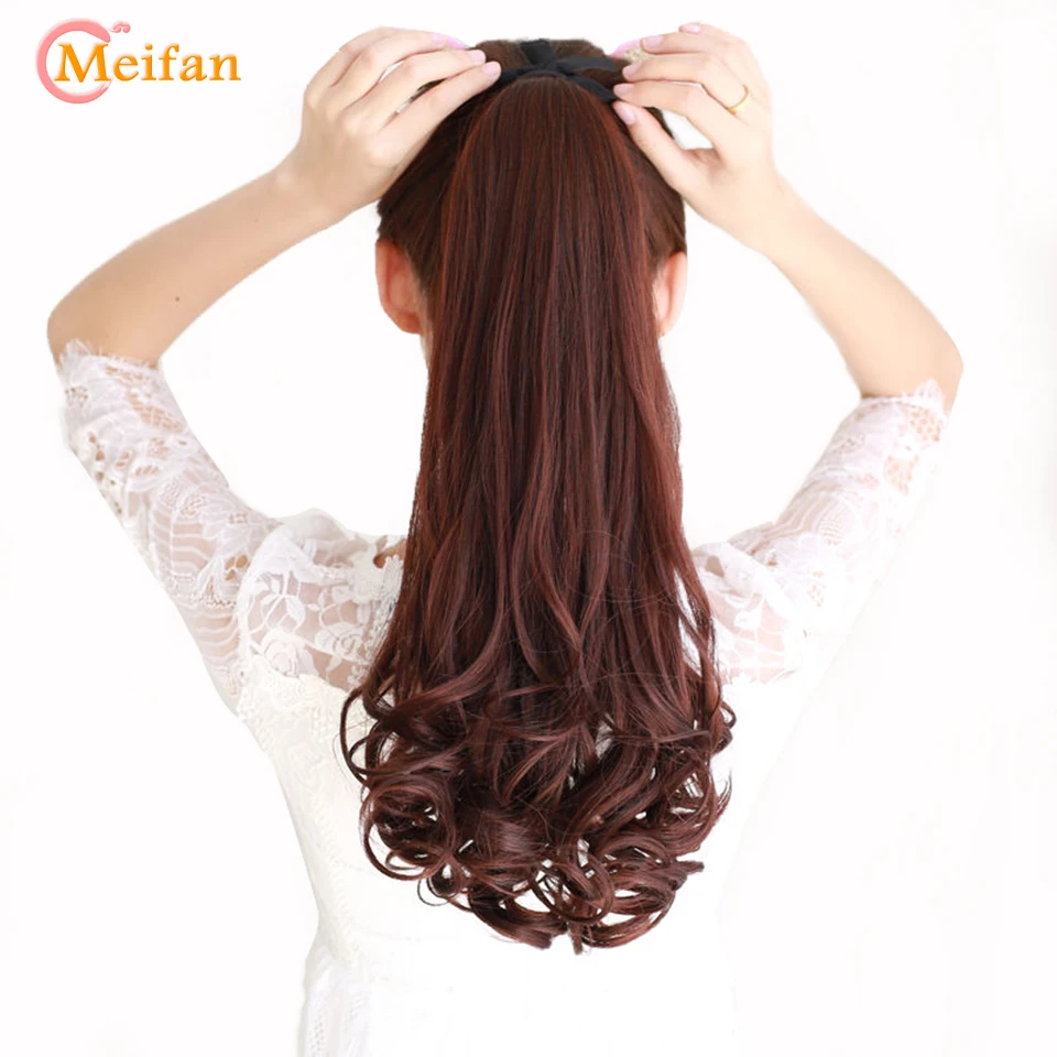 

MEIFNA Long Wave Curly Synthetic Ponytail Black Brown Ribbon Drawstring Clip In Ponytail Hair Extensions Heat Resistant Ponytail