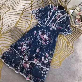 

2020 Runway Summer Fashion Dress Women O-Neck Short Flare Sleeves Ruffles Patchwork Floral Print Elegant Slim Long Popular Hot