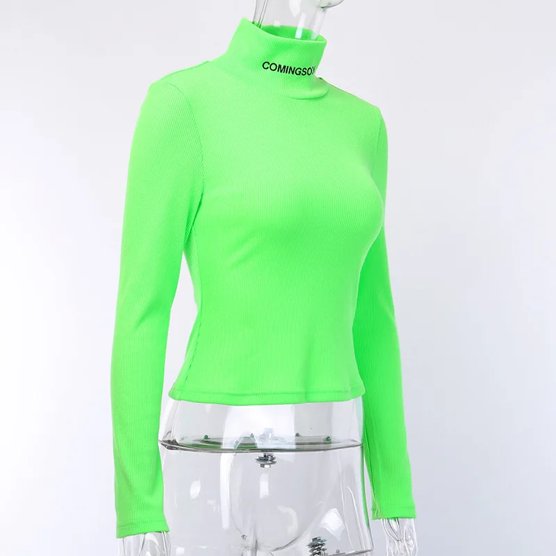 Неоновый зеленый трикотажный топ, рубашка, Женская водолазка с длинными рукавами, модная женская футболка с буквенным принтом, осенне-зимний эластичный Топ, Femme