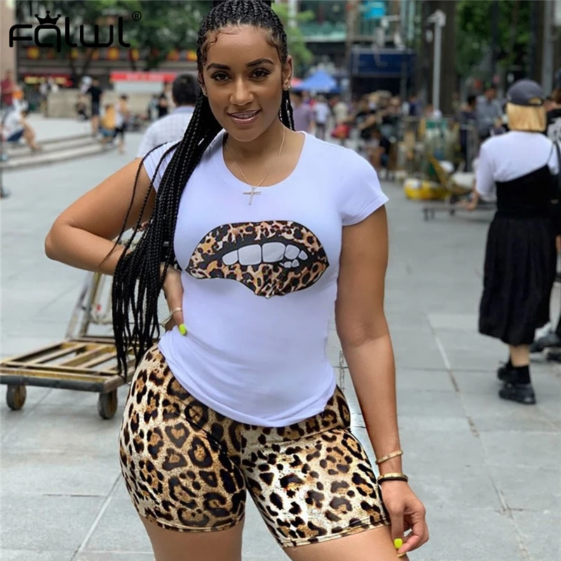 FQLWL Mouth Leopard Print Two Piece Set Short For Women Club Outfits Tshirt Biker Shorts Summer Ladies Tracksuit Female |