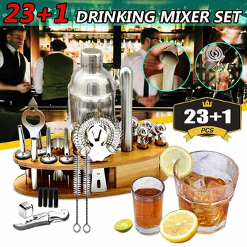 

Cocktail Shaker Bar Set cocktail making kit with Wooden Shelf Stainless Steel Bartender Tools Bar Muddler Mixer Maker Barware