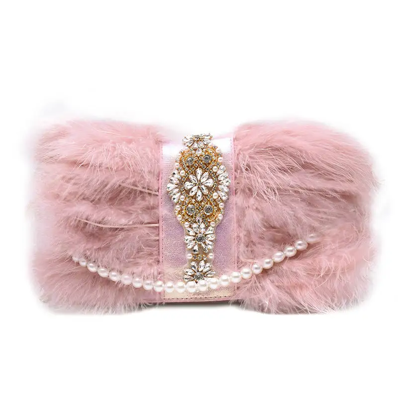 Роскошные бриллианты сумки женские вечерние сумки с цепочкой настоящая кожа индейки перья сумка на плечо Подростковая Сумочка-клатч для девочек вечерние сумки - Цвет: Pink