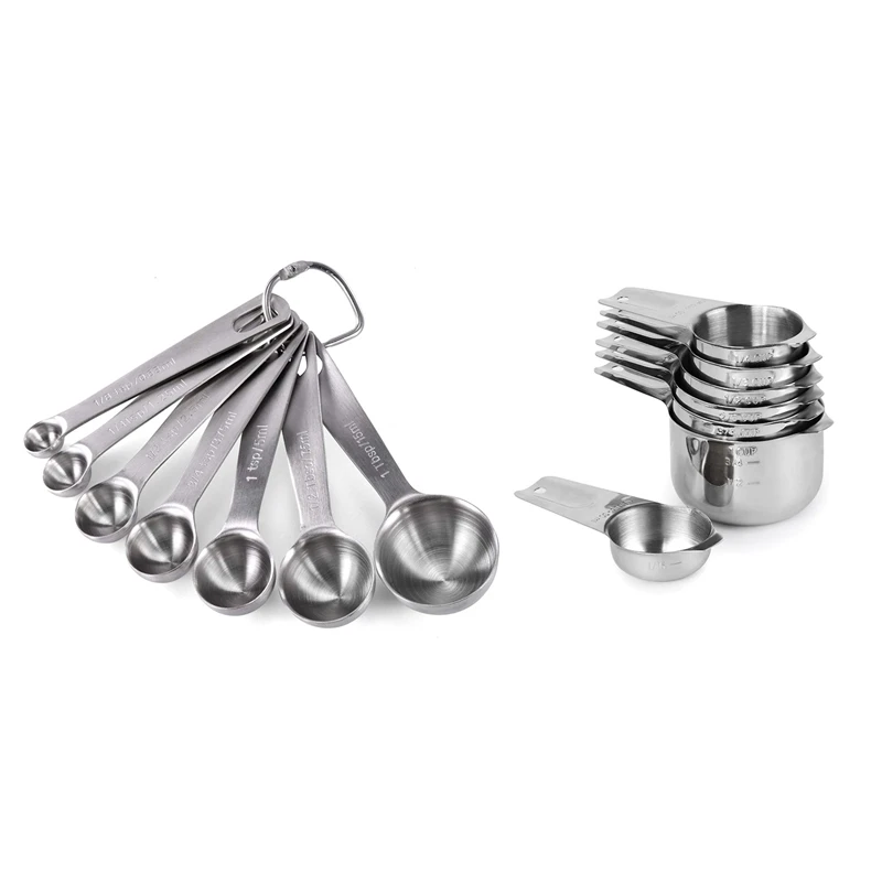 

2 Set Stainless Steel Stackable Measuring Spoons for Dry and Liquid Ingredients Etched Marked, 1 Set with Detachable Ring Holder