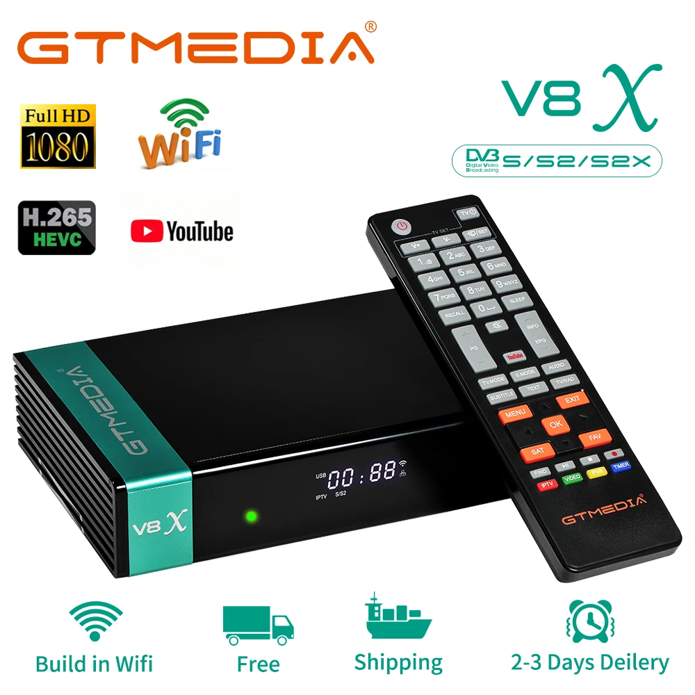

GTMEDIA V8X DVB-S/S2/S2X Digital Signal Receiver Set-Top Box Built-in WiFi HD H.265 Nova Upgrade Full 1080P Remote Control