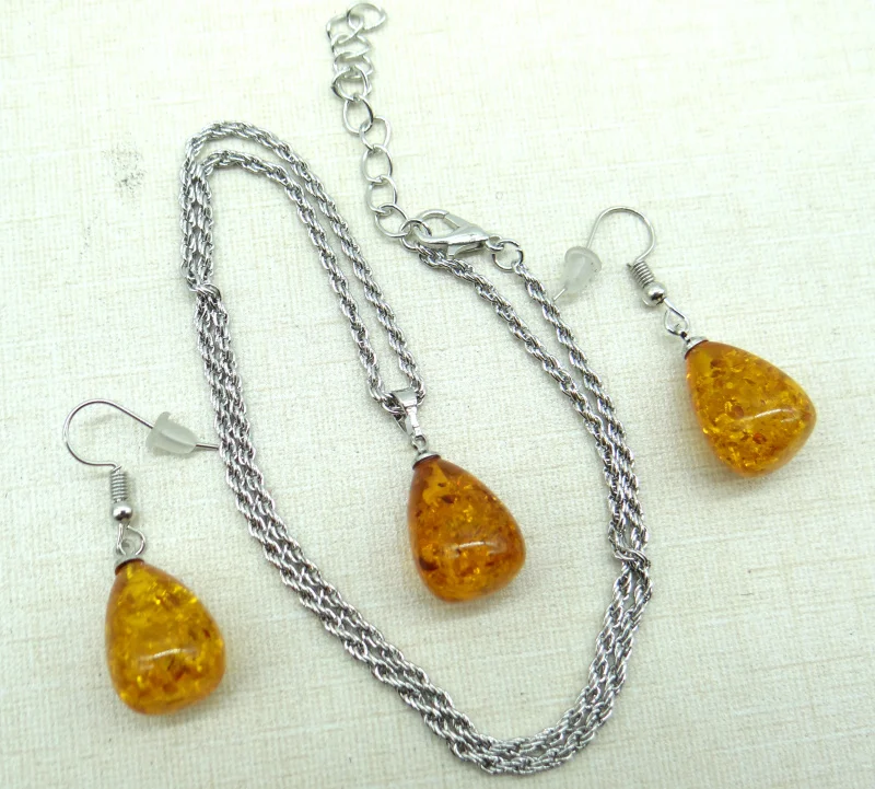 Pendant Necklace Natural Precious Modernist TEARDROP GOLDEN HONEY PRESSED AMBERS Jewelry making Water drop earring